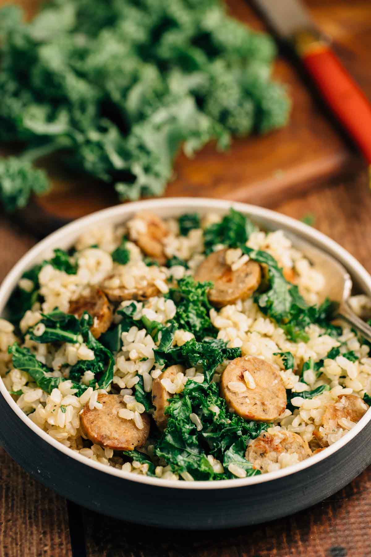 Sausage and Kale Rice Bowl for One | via veggiechick.com #vegan #glutenfree
