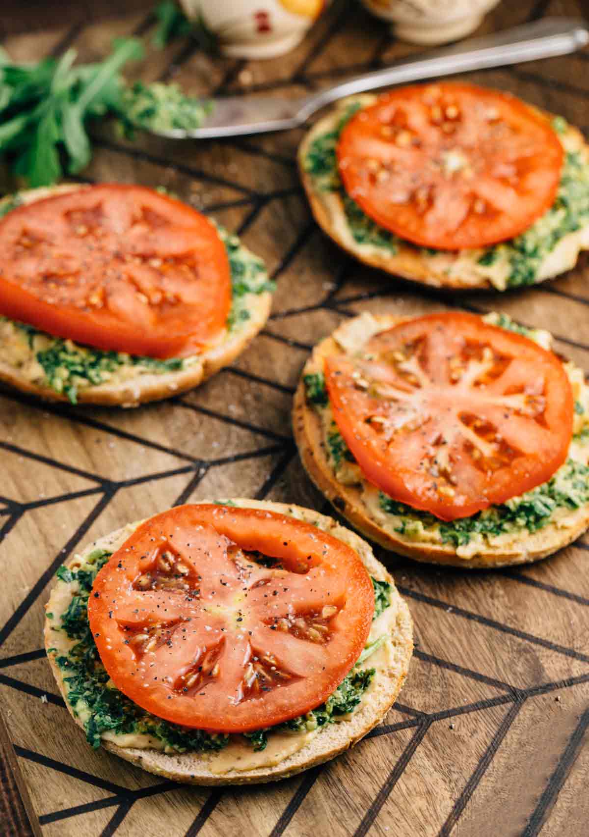 Bagel Thin Pesto Sandwich | via veggiechick.com #vegan