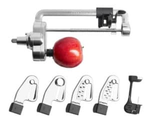 Kitchenaid spiralizer attachment for Kitchenaid blender, shown with apple on the end of the attachment, showing it is also an apple corer. All blades shown.