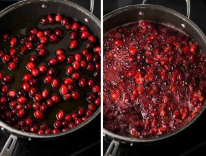 Cranberries being cooked in a pan, before and after