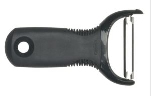 A black vegetable peeler.