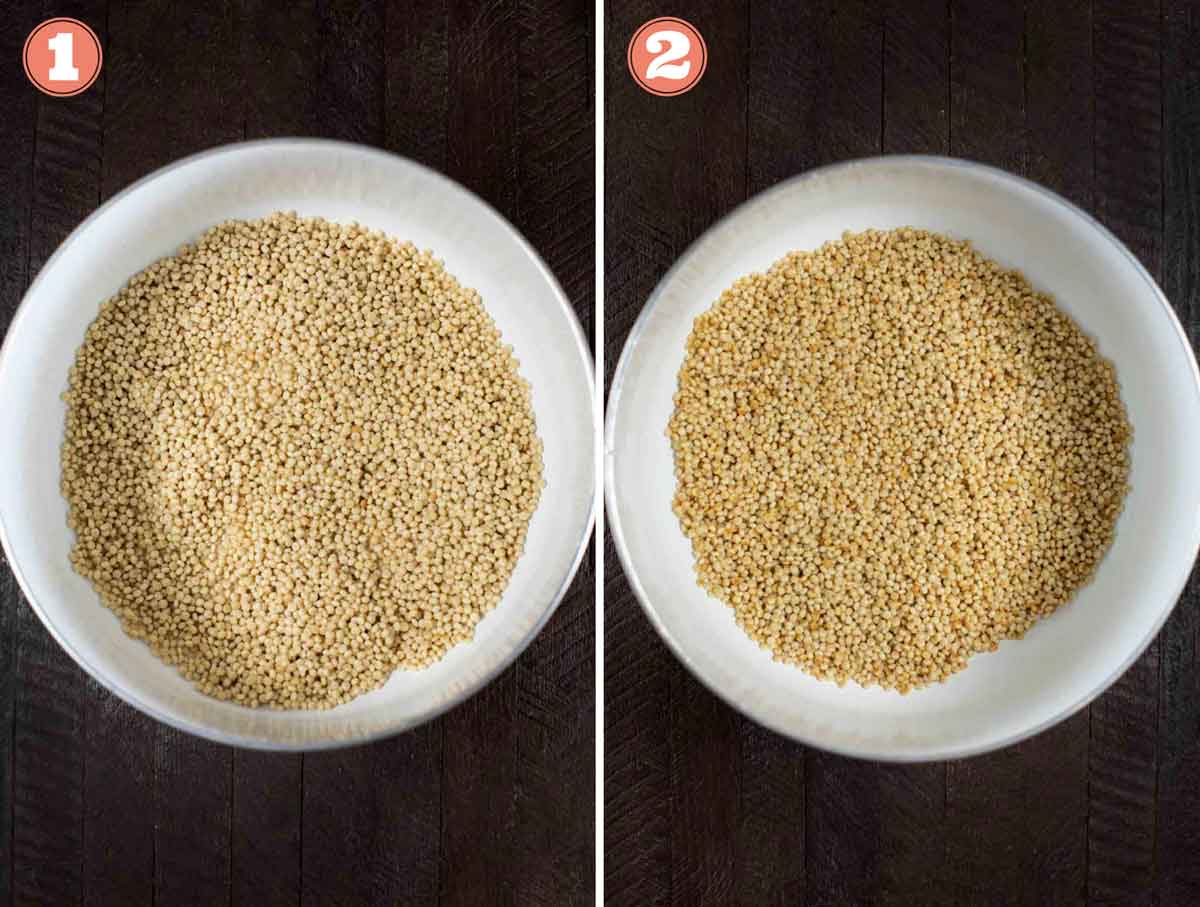 Before and after photos of Israeli couscous being browned in a pot. 