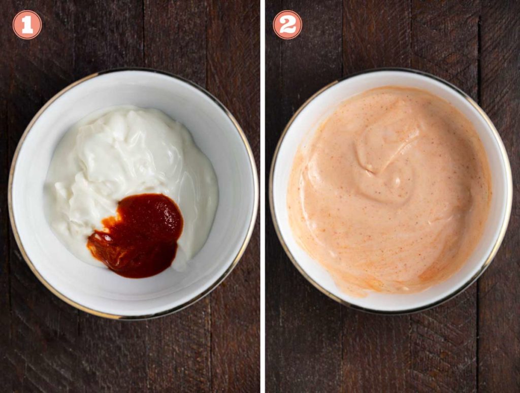 2 photos showing before and after of stirring together Sriracha and vegan mayo. 