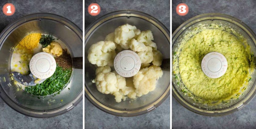 The process of making the mashed cauliflower in a food processor