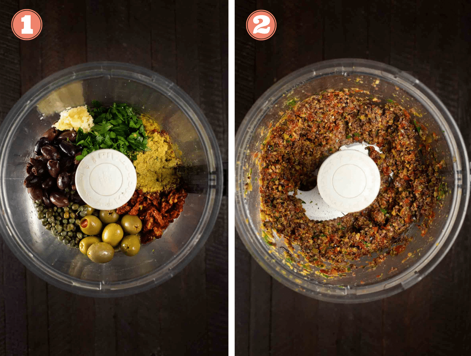 A blender, showing before and after of making olive tapenade.