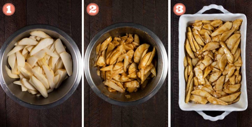 3 photos showing steps of making pear crisp, and preparing the apples.