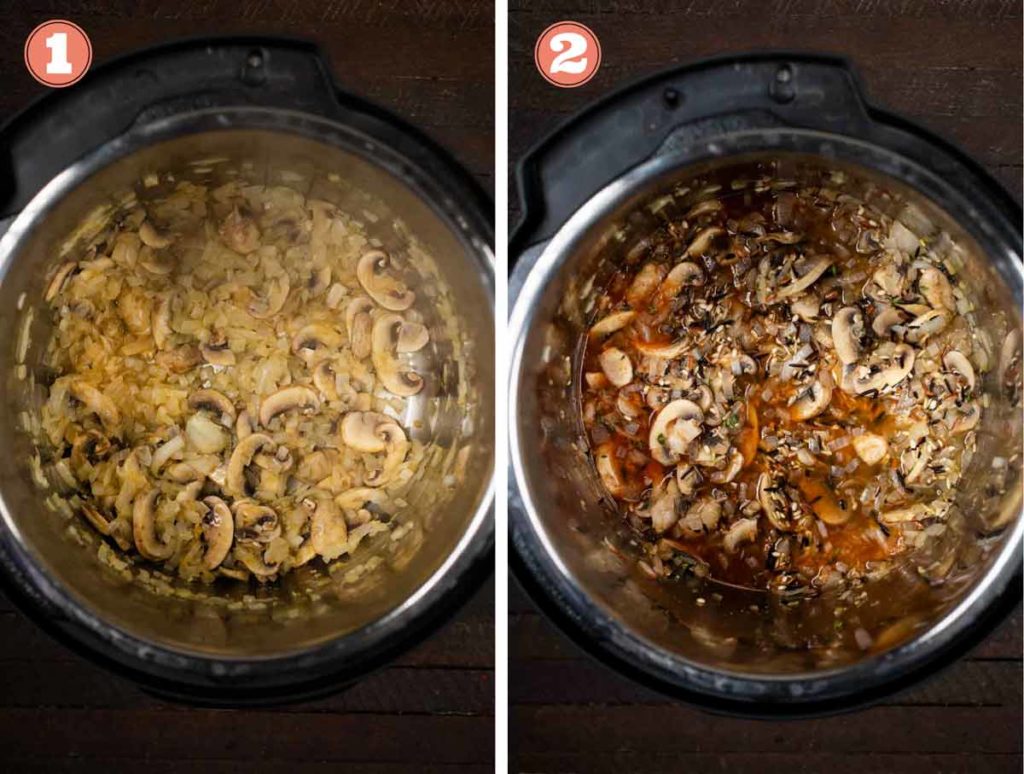 2 photos of onion and mushrooms in an Instant Pot being cooked, and another with spices added.