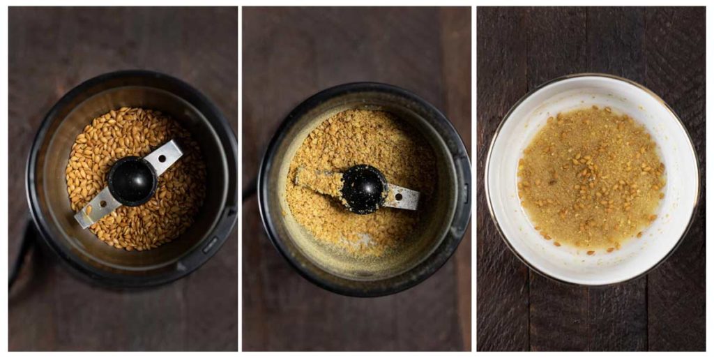 3 photos showing how to grind flax seeds in a coffee grinder and making a flax egg.