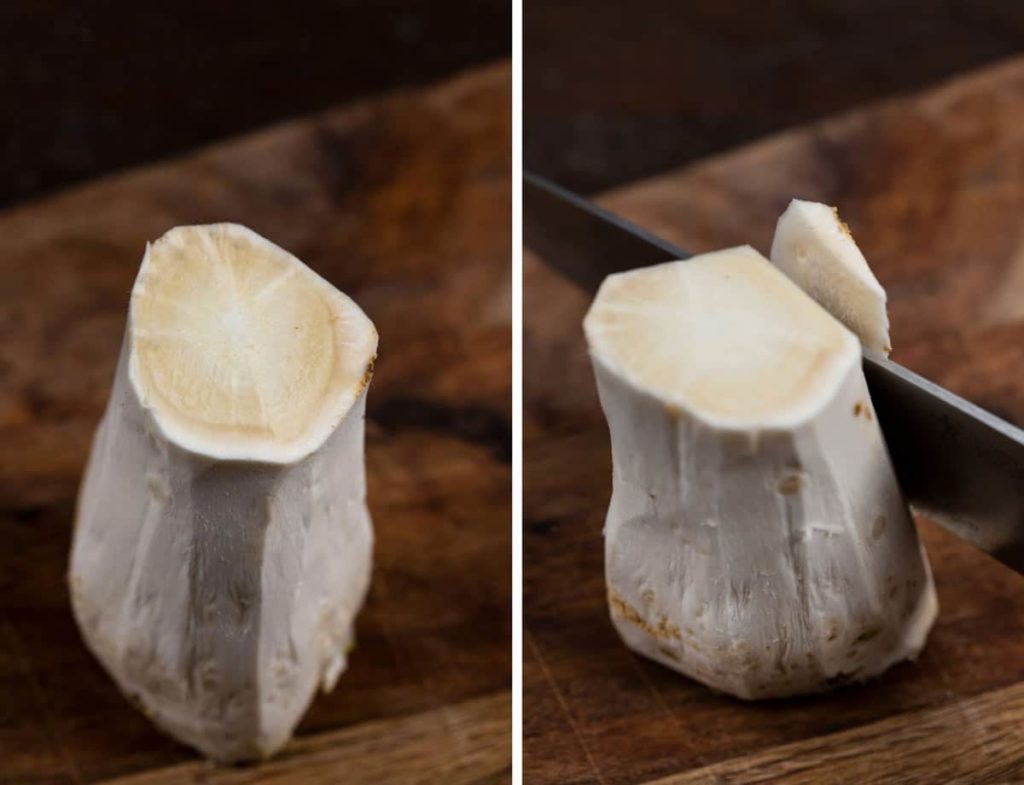 2 photos showing a chef's knife cutting the hard white exterior of a horseradish.