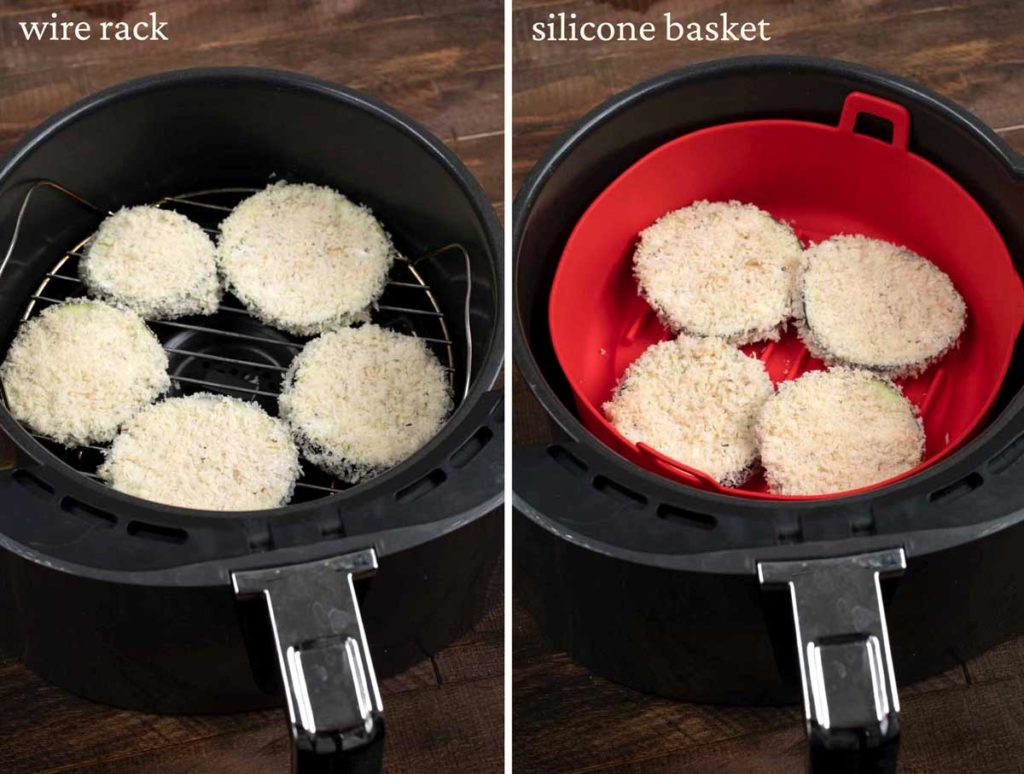 2 photos showing crispy eggplant cutlets in an air fryer basket, one with a grid and one with a silicone basket. 