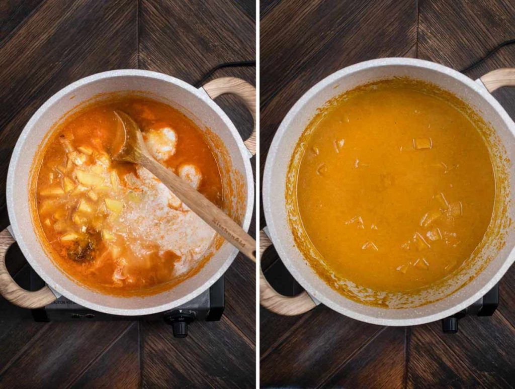 2 photos showing coconut milk and potatoes being added to curry sauce. 