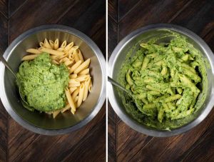 2 photos showing before and after of combining avocado pasta sauce with penne pasta.
