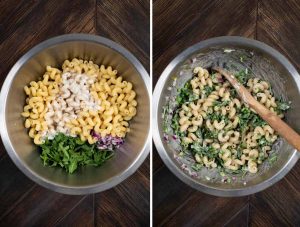 Before and after mixing macaroni salad in a large bowl