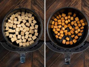 2 photos showing tofu cubes in an air fryer basket, and another image showing it cooked.