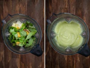2 photos showing ingredients for cauliflower pasta sauce added to a blender, and the second photo showing it blended into a sauce.