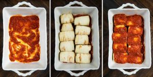 3 photos showing a baking dish with marinara, eggplant rolls ups in the dish and then covered with marinara.