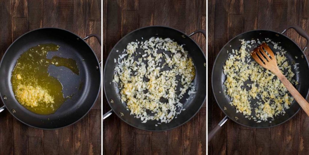 3 photos showing vegetable broth and garlic added to a skillet, then onions, then cooked until soft.