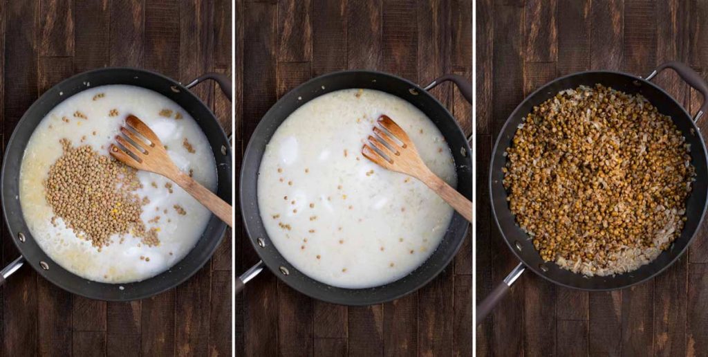 3 photos showing lentils, coconut milk and water added to garlic and onions, and simmered until cooked.