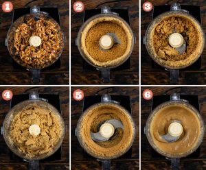 6 images showing the process of making walnut butter in a food processor.