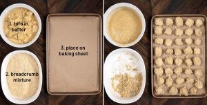 2 overhead process photos showing a bowl of batter and breadcrumbs, with an empty baking sheet, then with the chicken nuggets on the baking sheet.