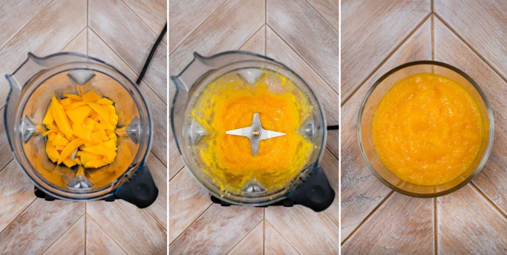 3 photos showing mango puree being made in a blender.