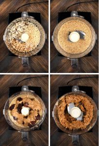 4 photos showing the ingredients for no bake vegan peanut butter chocolate bars being blending in a food processor.