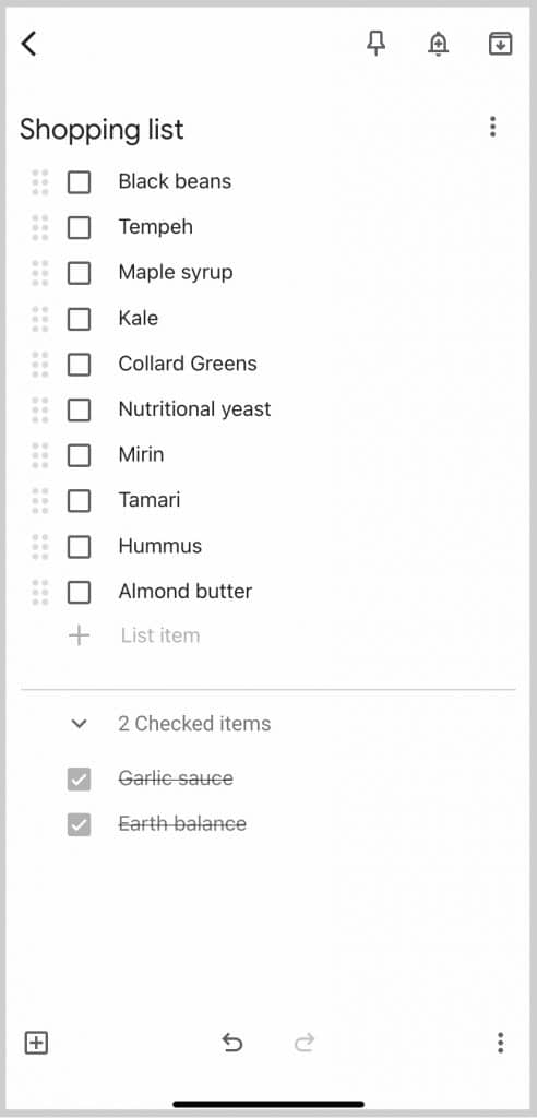 A screen shot of the Google Keep app with a shopping list.
