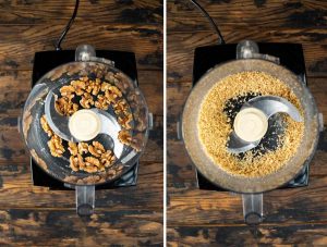 Two images of before and after adding raw walnuts to a food processor and blending