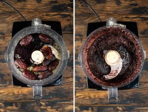 Two images showing acai bars ingredients added to a food processor and blend it