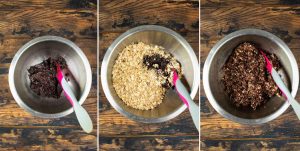 Three images showing acai mixture blended with oats and combined with chocolate chips