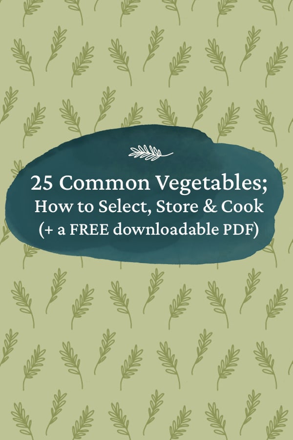 A green sage background with leaves on it, with the words "25 Common Vegetables; How to Select, Store, and Cook" inside of a bubble.
