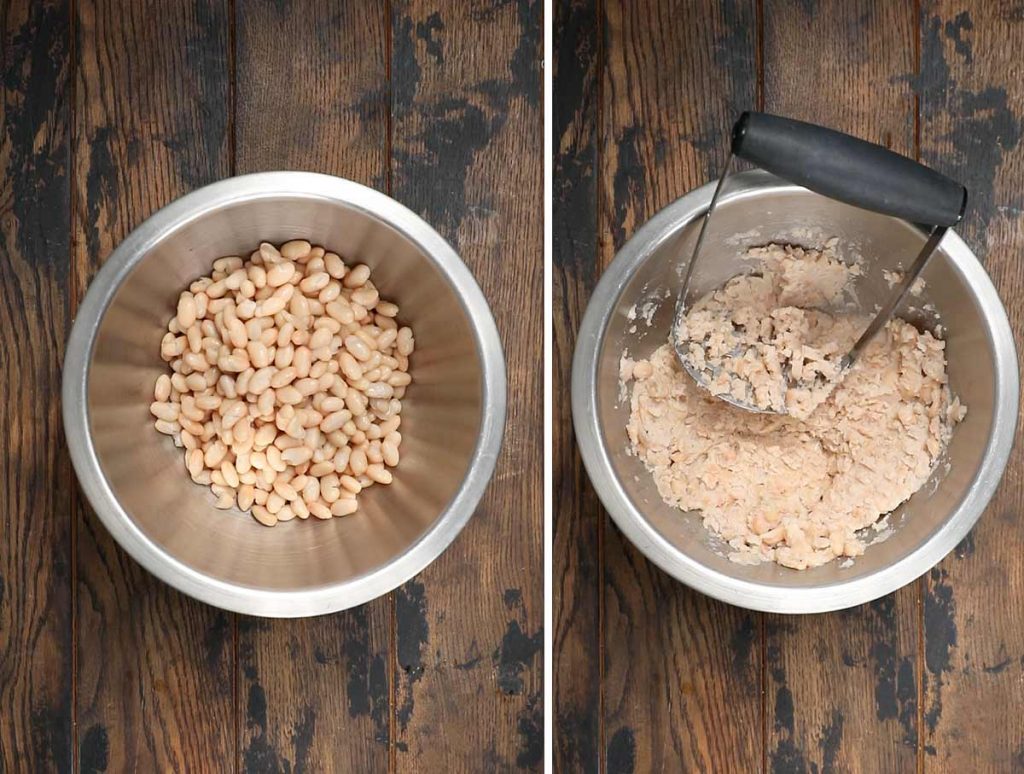 2 photos showing a bowl of whole beans, and then mashed.