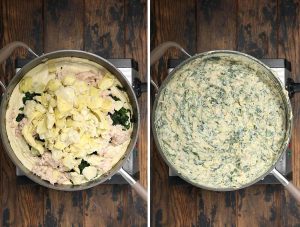 2 photos showing a sauce with spinach, artichoke and white beans mixed together.